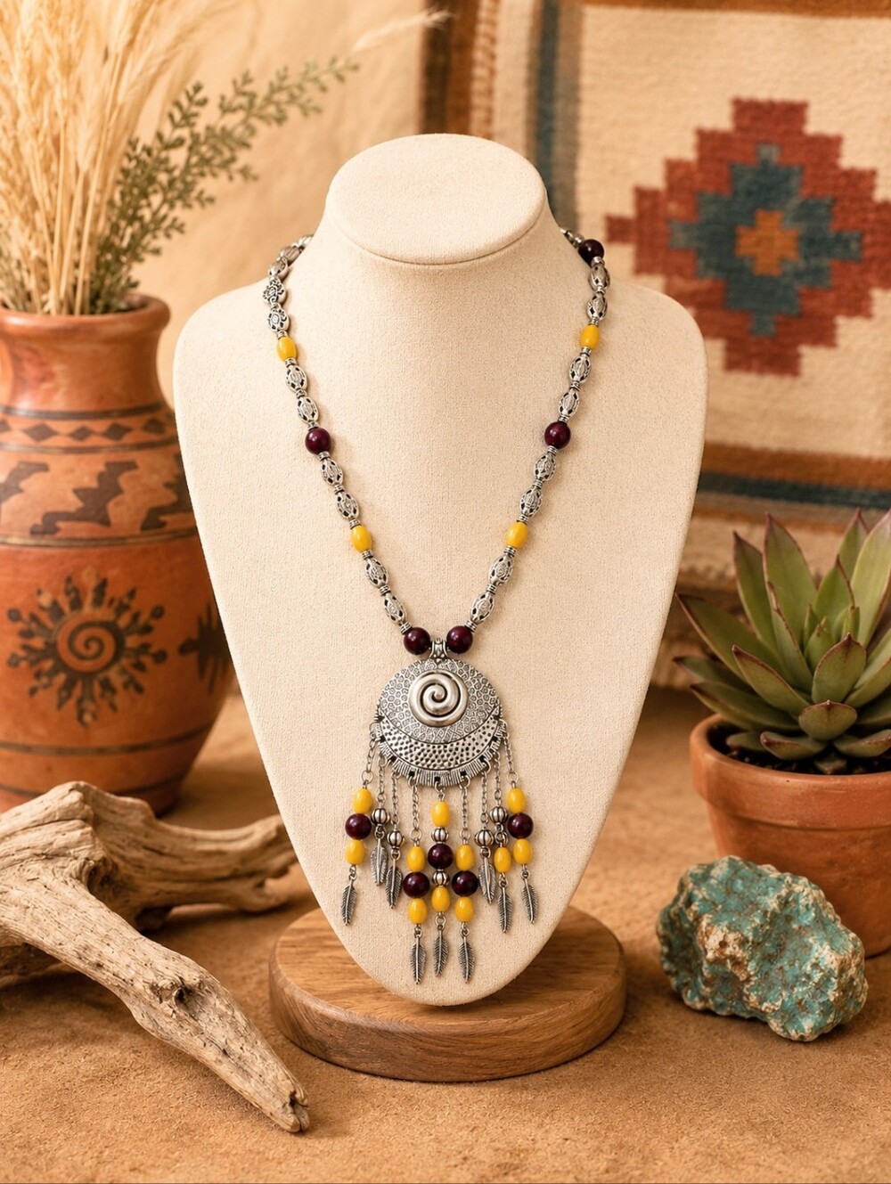 Southwest Stretch Boho Necklace – Silver Medallion Pendant Burgundy & Yellow